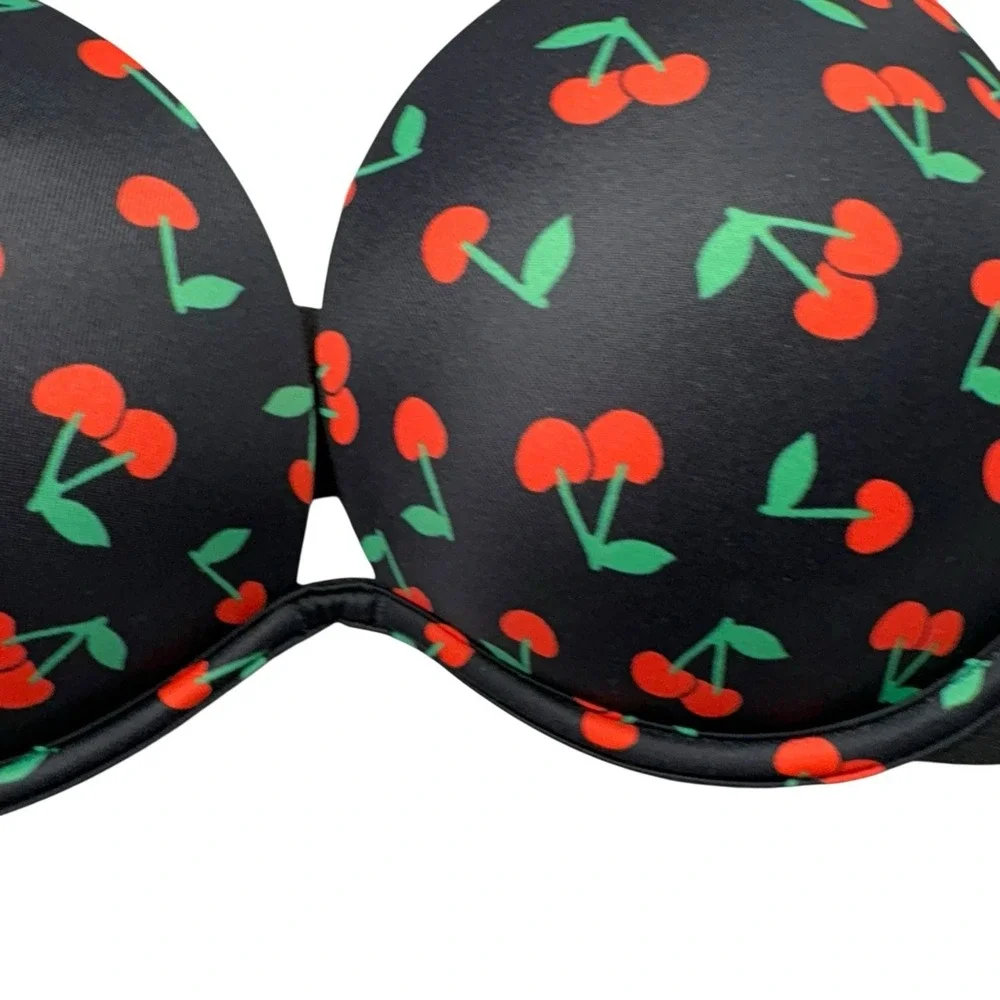 Victoria Secret PINK Women's Bra 32D Black Red Cherry Super Push Up Padded